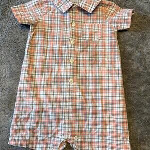 Carter's Boys pink/blue plaid linen button up romper - 18 Months